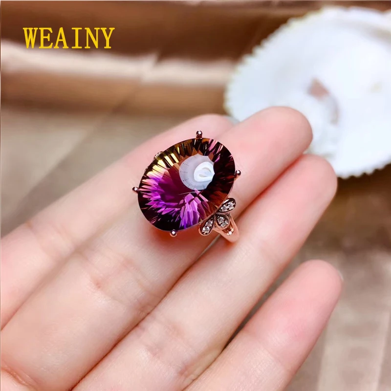 

WEAINY Extra Large Natural Amethyst Ring S925 Sterling Silver Ladies High Jewelry Energy Rainbow Gem Support Retest