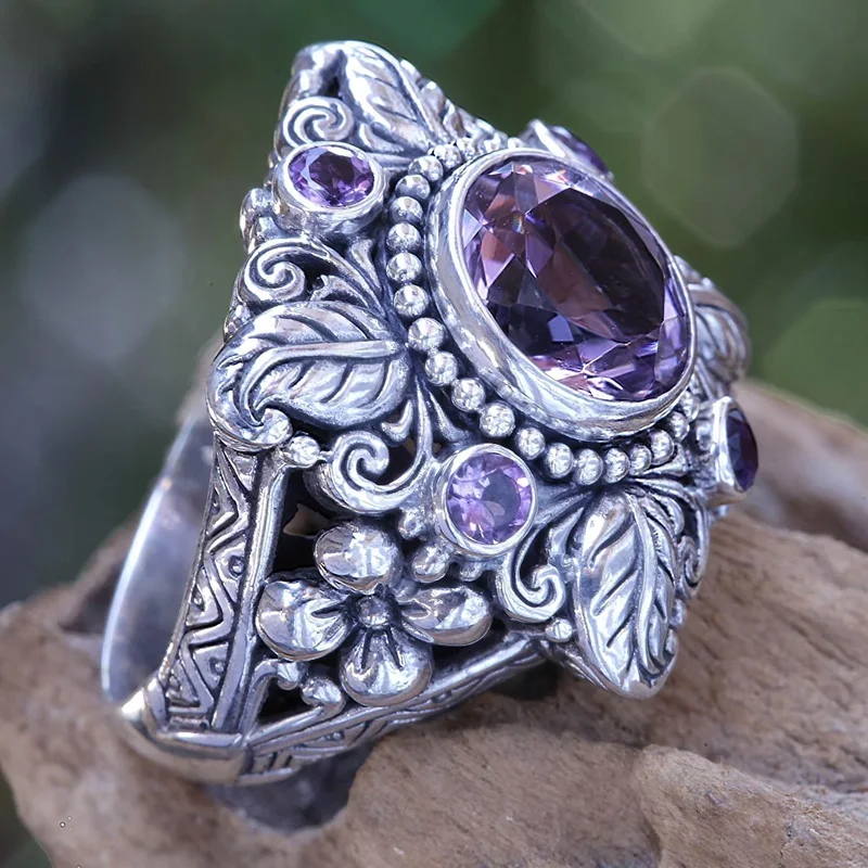 OMHXZJ Wholesale European Fashion Woman Man Party Wedding Gift Silver Purple Leaves Flower Amethyst AAA Zircon Taiyin Ring RR320