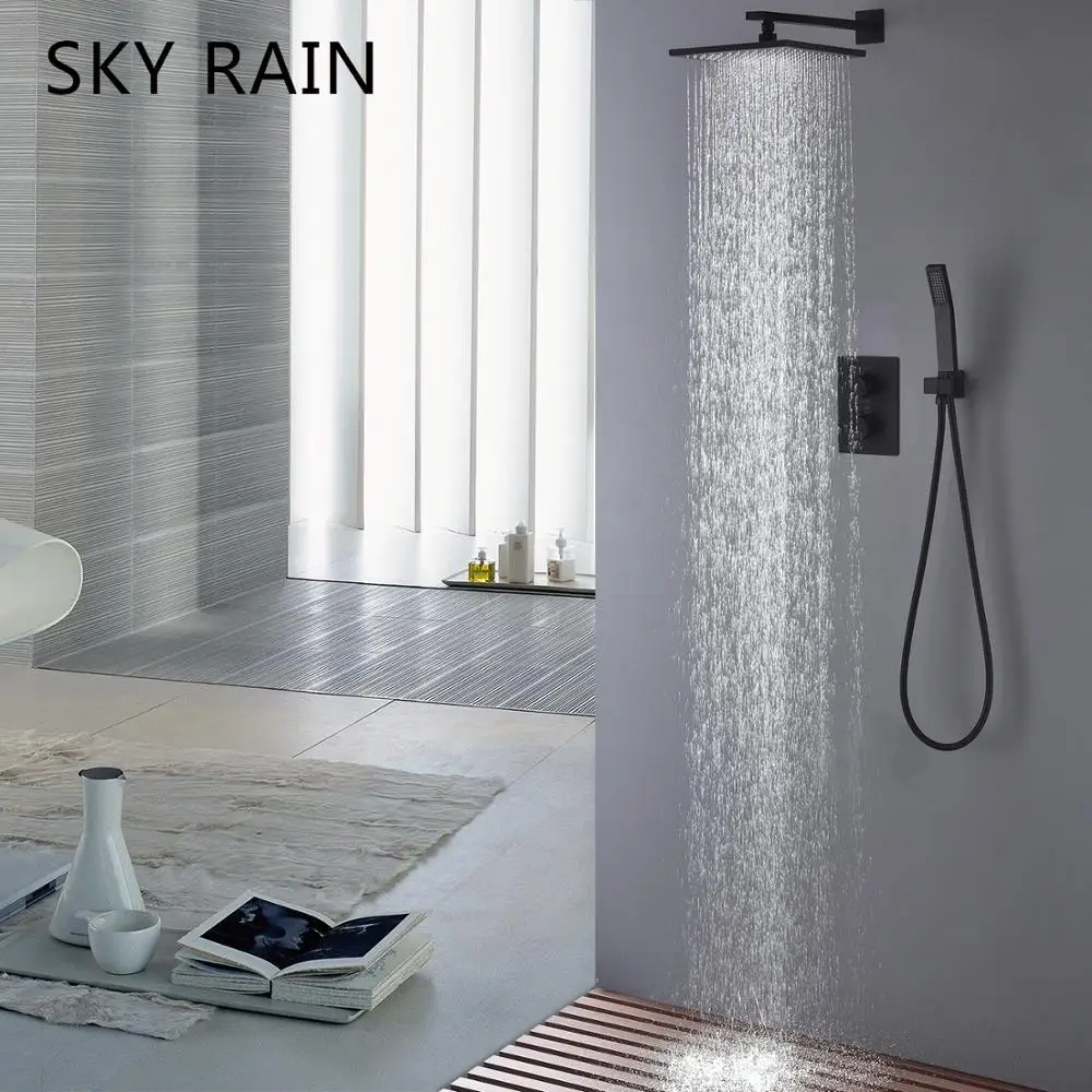 Bathroom Simple Black Air Pressurized 10 Inch 25x25cm Shower Head Set Wall Mounted Thermostatic Mixer Valve