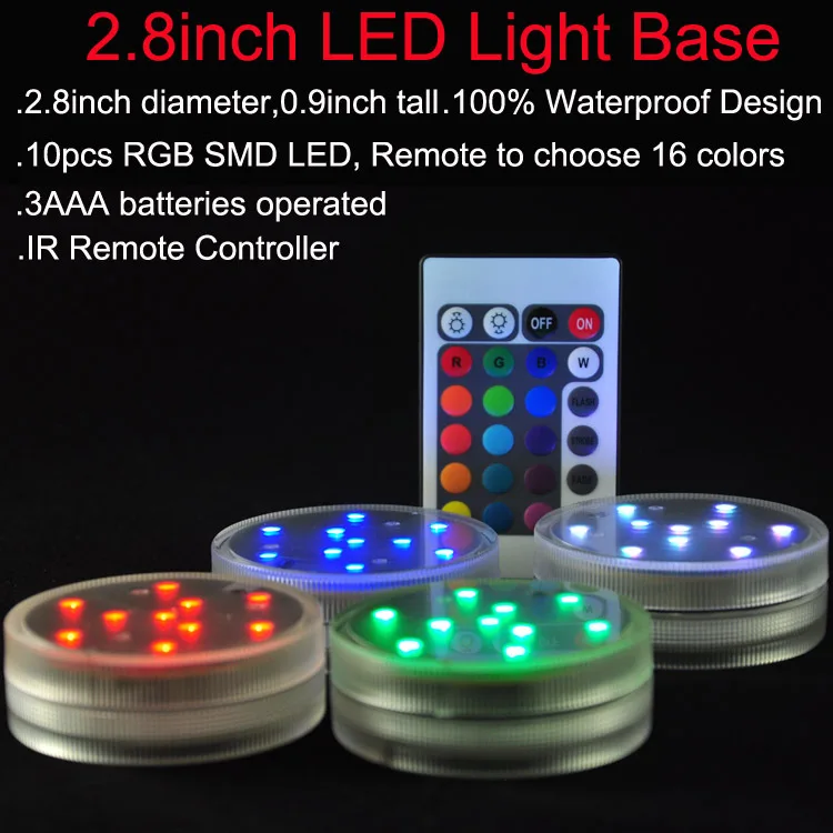 

Free Shpping(96pcs/lot) Battery Operated Remote 10 Multi-colors 100% Waterproof LED Vase Light Submersible LED Centerpiece Light