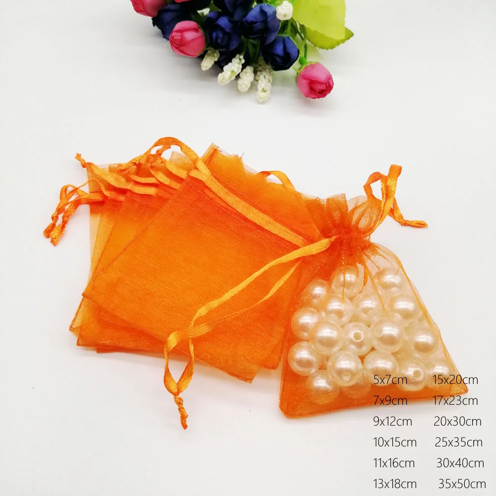 1000pcs Designer Orange Organza Drawstring Bags Gift Pouch Wedding Party Favors Christmas Sachet Packaging Displays Wholesale