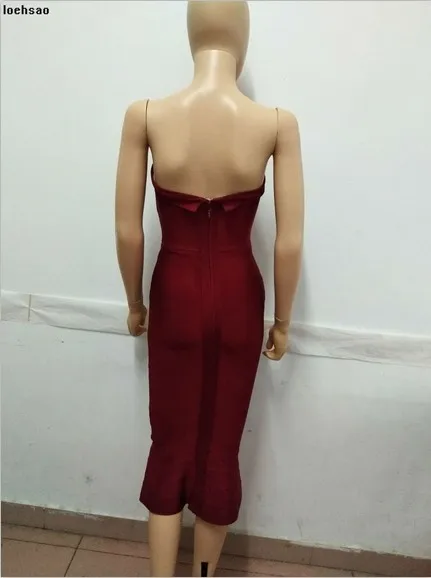 Spring women bandag dress wine red strapless back hollow out trumpet celebrity evening club bodycon dresses mid calf vestido