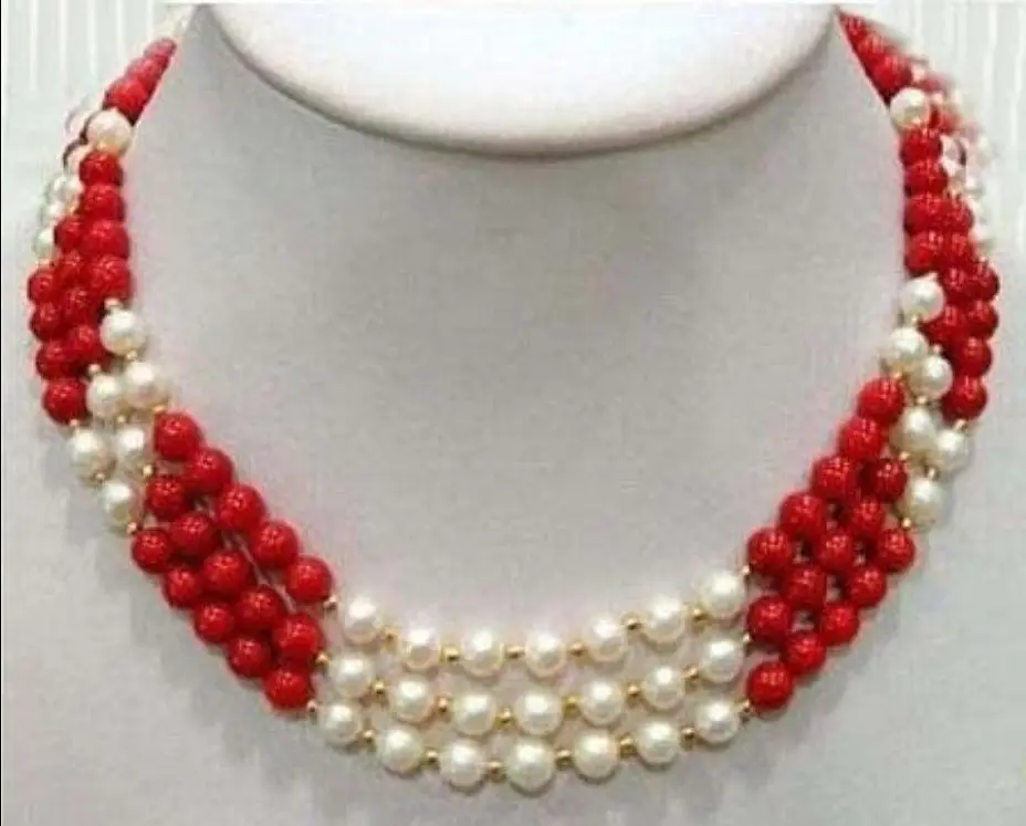 

lovers women good huij 004906 3 Rows Real White Pearl Red Coral 18KGP Clasp Necklace 17:-19