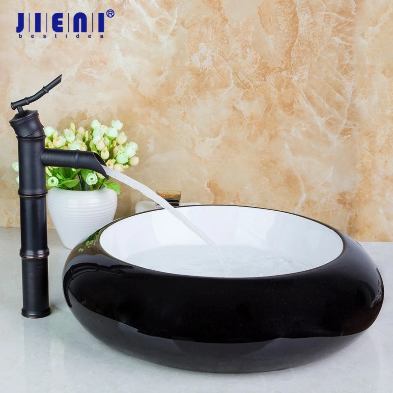 JIENI Black And White Countertop Round Ceramic Bathroom Wash Artistic Basin With Oil Rubbed Bronze Faucet Set