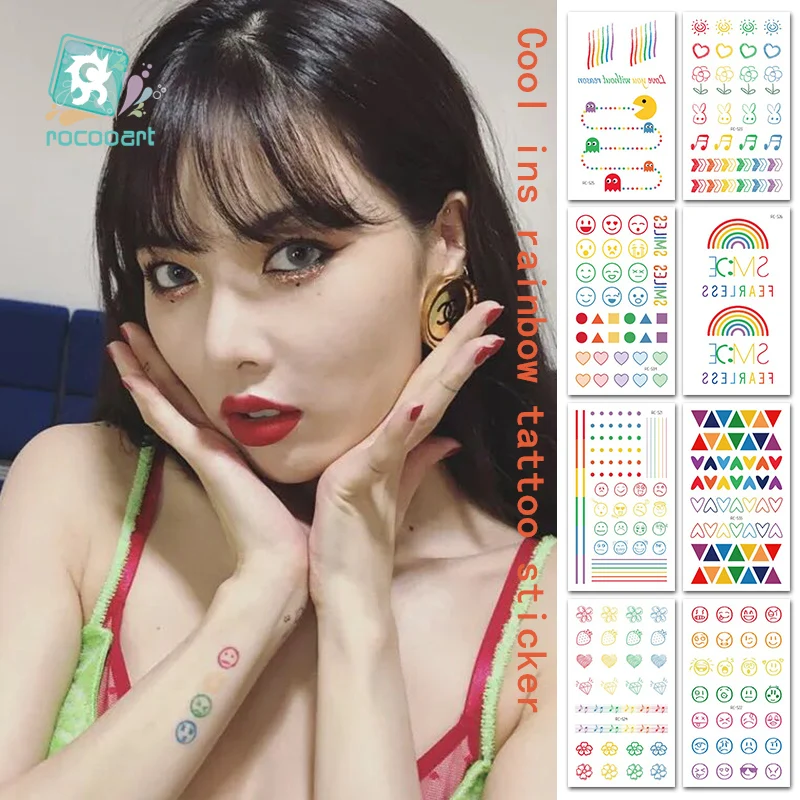 

Rocooart Hyuna Expression Tattoo Sticker Hand Lovely Body Art Fake Tatoo Rainbow Temporary Waterproof Taty 10.5x6cm