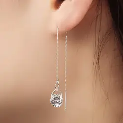 Women's 925 Silver Fashion Earrings White Round Drops CZ Stone Long Girl Pendant 18K Gold Plated Jewelry Gift