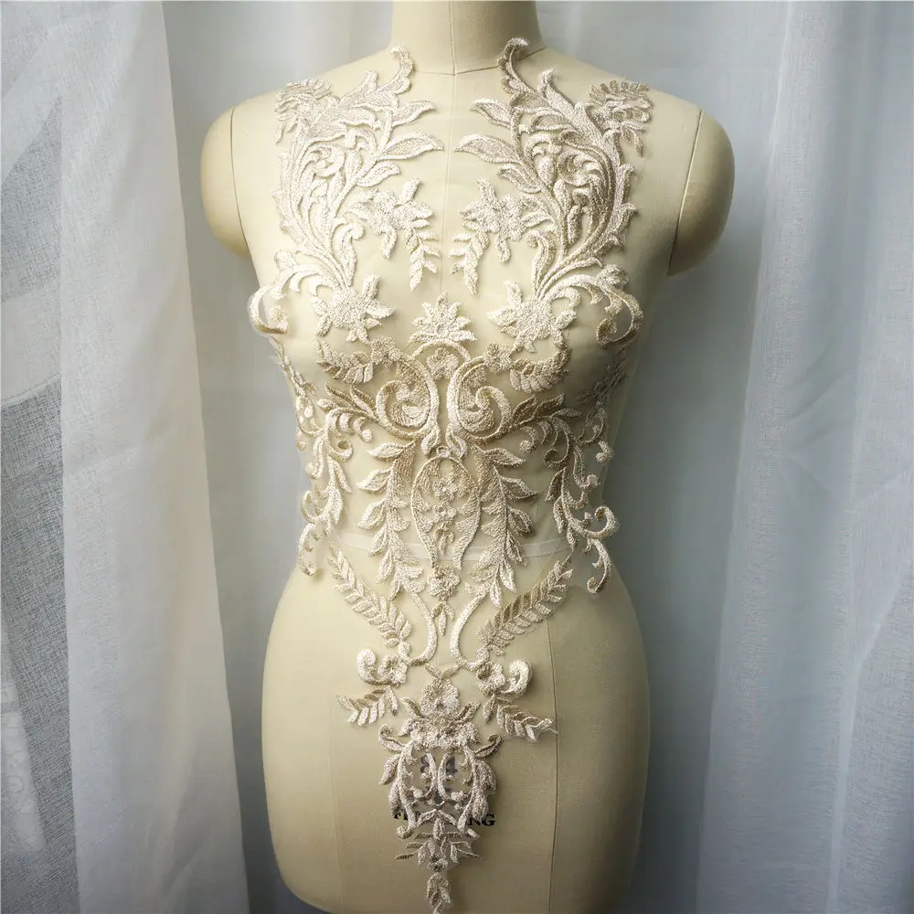 Light Gold Embroidery Lace Applique Flower Fabric Lace Trim Sewing Collar Patch Wedding Gown Dress Bridal DIY Clothes Crafts