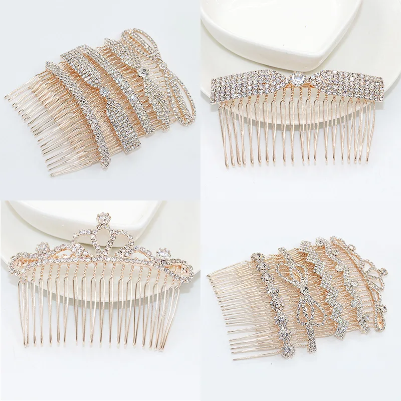 Full Bling Crystal Crown Flower Bowknot etc Golden Metallic Hair Comb  Women Headwear