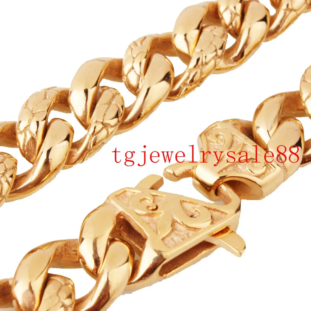 

Gold Color 14mm Wide Stainless Steel Casting Cuban Curb Link Chain Men's Bracelet Or Necklace Jewelry 7-40inch Flower Buckle