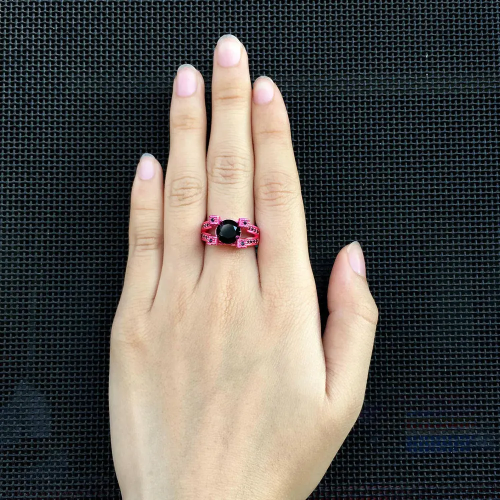 Double Fair New Special Round Shape Pink Gold Color Rings Sets Black Cubic Zirconia Fashion Party Jewelry For Women DD043