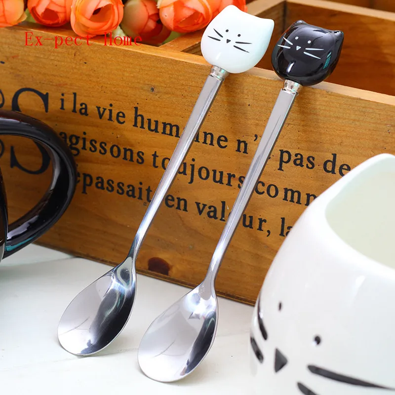 

200pcs/lot Cartoon White Black Cat Spoon Stainless Steel Tea Coffee Ice Cream Spoons Tableware Decor