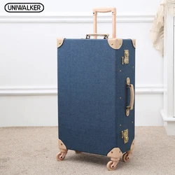 Fashion Blue Fabric Ride Rolling Trolly Suitcase Retro Travel Light Weight Car Trunk Vintage Suitcase Case Luggage Carry On