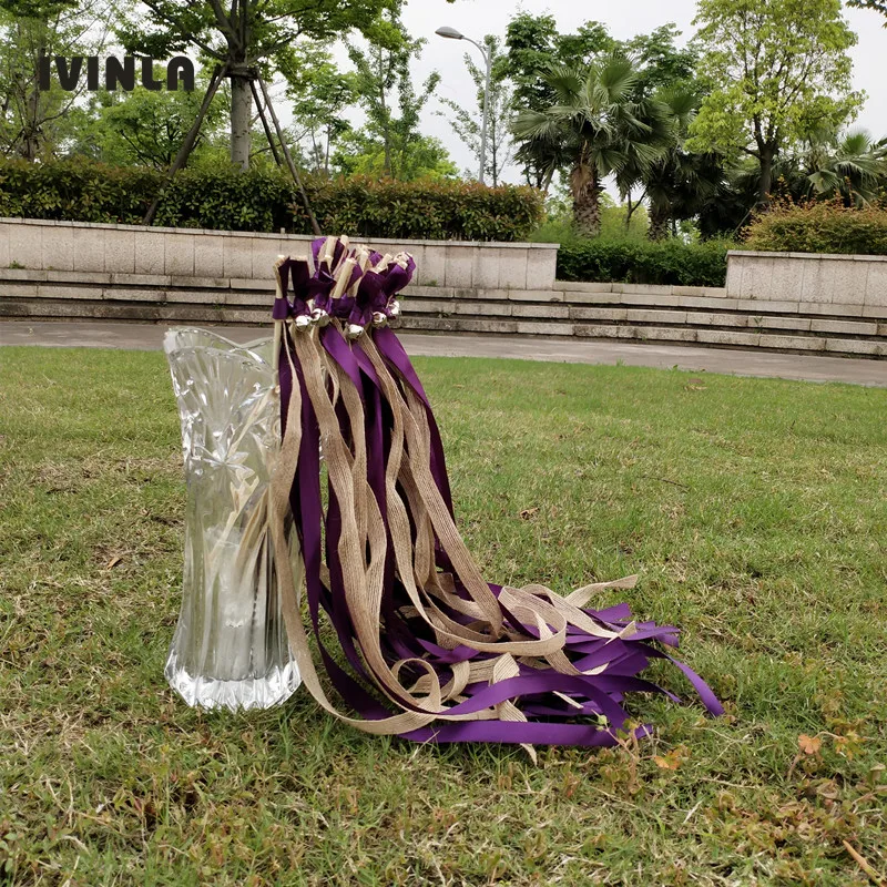 50pcs/lot purple jute wedding wands with big sliver bell for wedding decoration