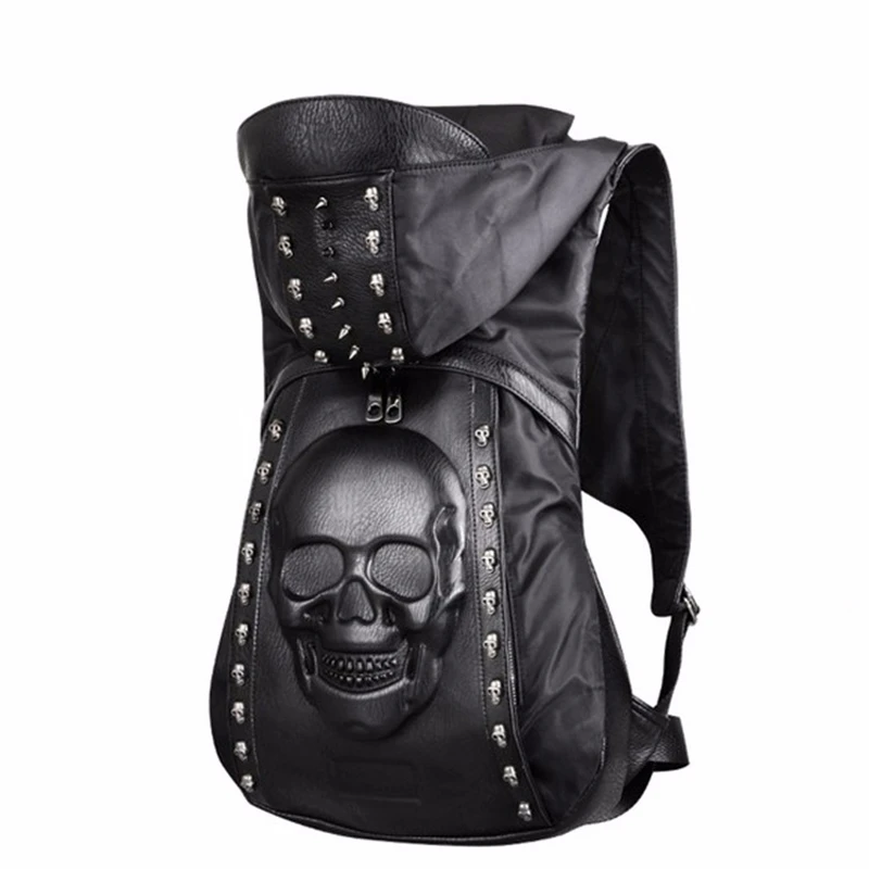 New Fashion Personality 3D Skull Leather Backpack Rivets Skull Backpack With Hood Cap Apparel Bag Cross Bags Hiphop Man 585