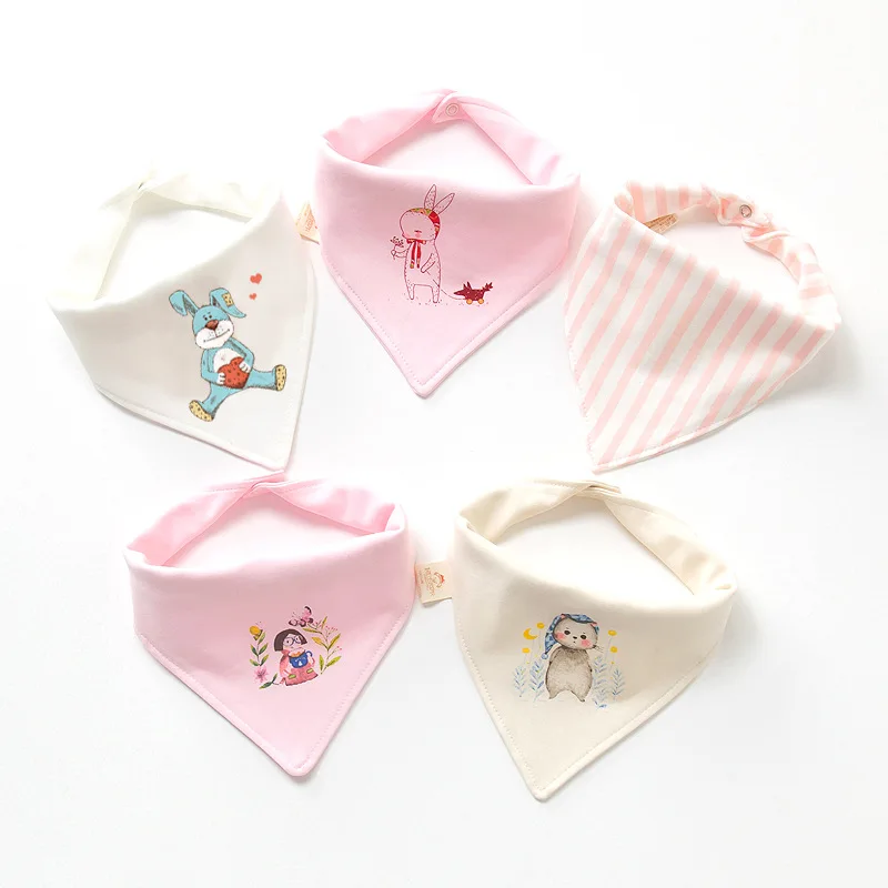 5pcs/lot Double Fabric Baby Bibs Cartoon Printing Cotton Newborn Infant Girls And Boys Toddler Triangle Scarf Burp Cloth Bandana