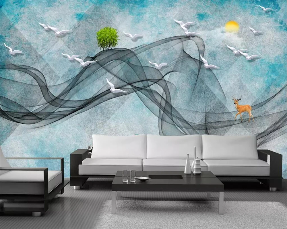 Custom wallpaper abstract artistic conception line ink landscape painting bird mural TV background wall 3d wallpaper