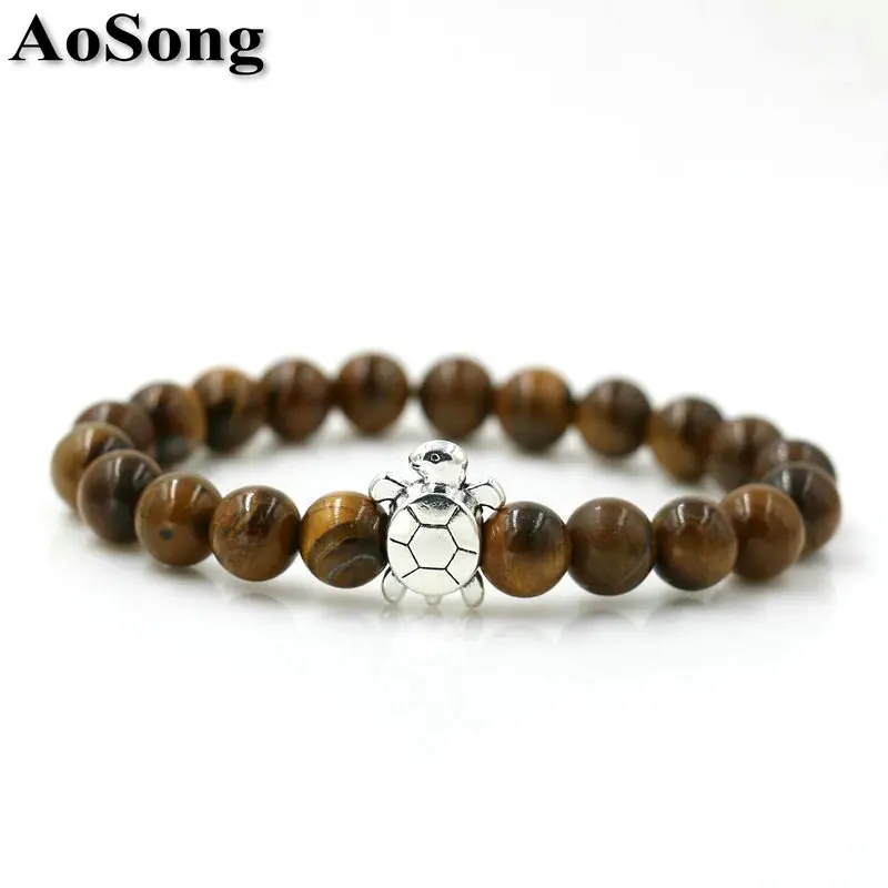 BPPCCR Natural Tiger Eye stone 8mm with Alloy Sea turtle Tortoise Men Chakra Yoga Energy Bracelet Animal Luxury male Jewelry