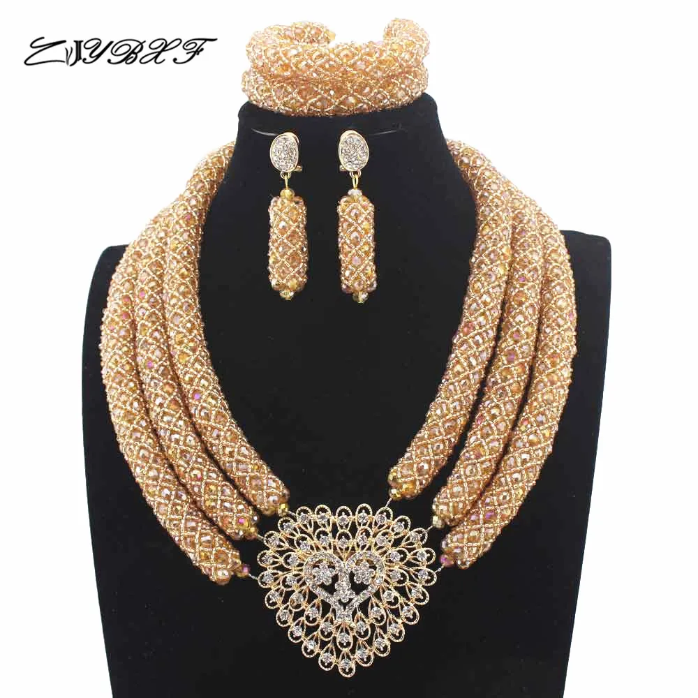 

2019 Nigerian Champagne Costume African Beads Jewelry Set Indian Dubai Wedding Jewelry Set Free shipping HD8241