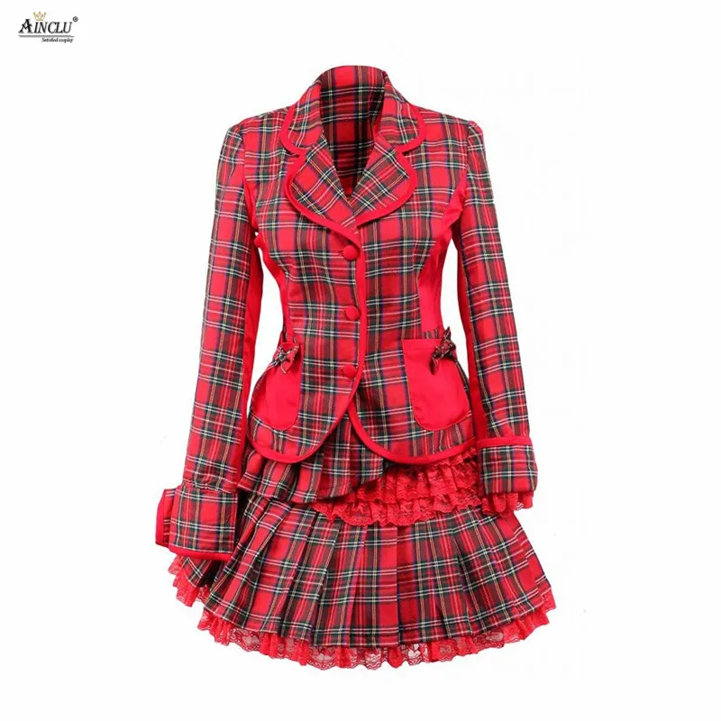 Ainclu XS To XXL Hot Selling High Quality Cemavin Womens Cotton Red Gingham School Lolita Top And Skirt/Suits