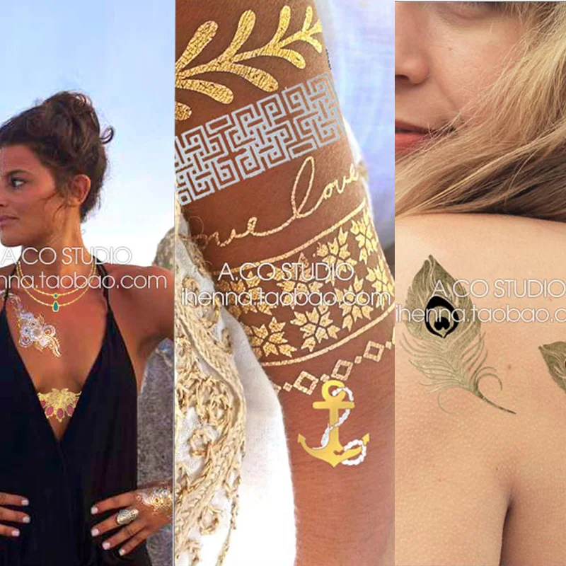 Flash Metallic Waterproof Tattoo Gold Silver Women Fashion Henna /Peacock Feather Design Temporary Tattoo Stick Paster