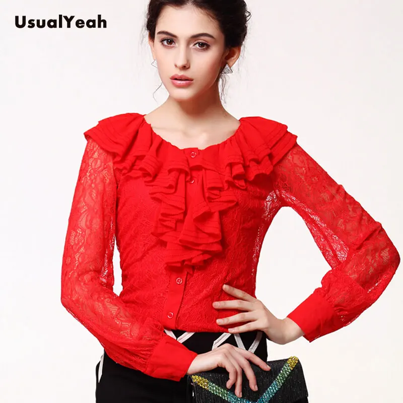 New  Elegant Women\'s Lace Body Shirt Long Sleeve Work Wear Top Ruffled neck Patchwork Blouse with vest 5 Colors M-XXL SY0271