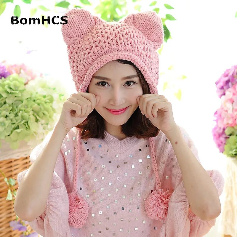 BomHCS Very Cute Fox Ears Cat Ear New Women Winter Hat 100% Handmade Knitted Beanie Ear Muff Hat Cap