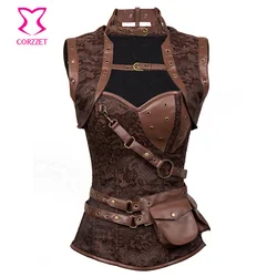 Vintage Brown Brocade Sexy Gothic Corsets And Bustiers Steampunk Clothing Women Plus Size Corset Waist Trainer Steel Bone S-6XL