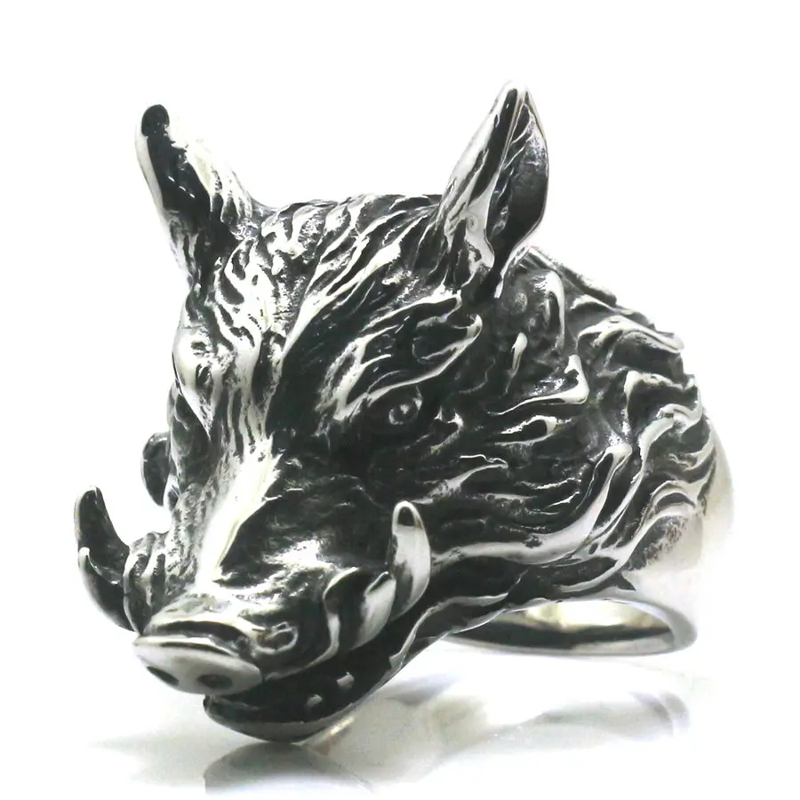 Size 7 to Size 15 Mens Boys 316L Stainless Cool Punk Gothic  Wild Boar Hunting Ring