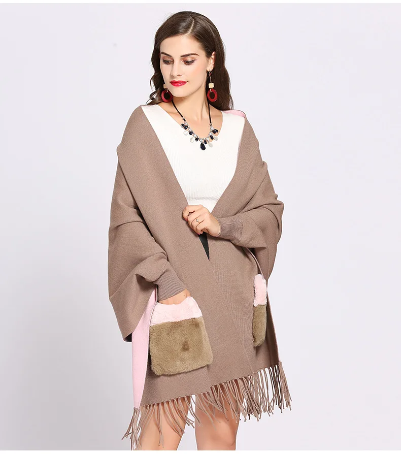 Winter Faux Cashmere Poncho Loose Streetwear Women Batwing Sleeve Shawl Capes Fur Pocket Female Oversize Tassel Knitted Cloak