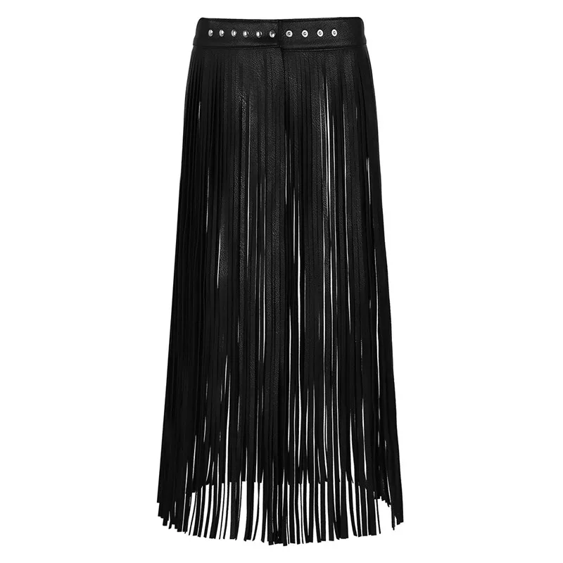 Womens Sexy Tassel Skirts Goth Hippie Boho Waistband Long Fringe Black Leather Tassel Skirt High Waist Skirt Holographic Skirt