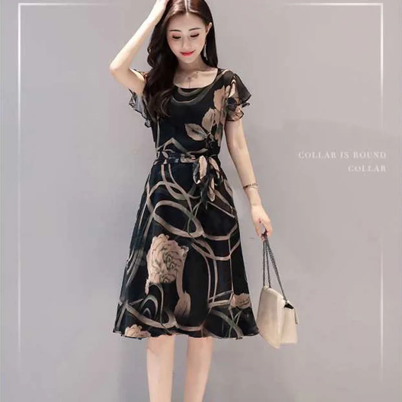 Hot Selling Women Dress Floral Printed A-line Slim Fit U Neck Dress For Summer