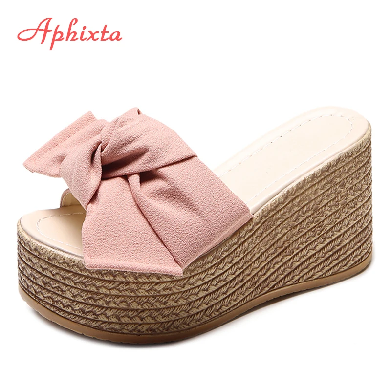 Aphixta platformy kapcie na platformie kobiety buty outdoorowe Clog Riband Butterfly-knot sandały dziewczyny Flip Flop slajdy Pantoufle Femme