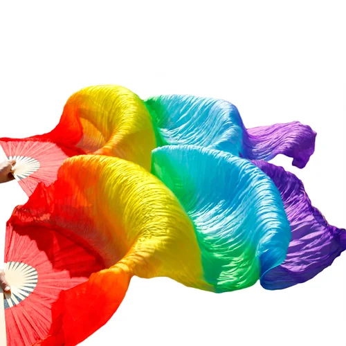 Imagen 2 del producto Costillas de bambú hechas a mano, accesorios de baile, abanico de danza del vientre de seda, seda Natural, 1 pieza, mano izquierda + 1 pieza, abanico de seda para danza de mano derecha, rayas de arco iris