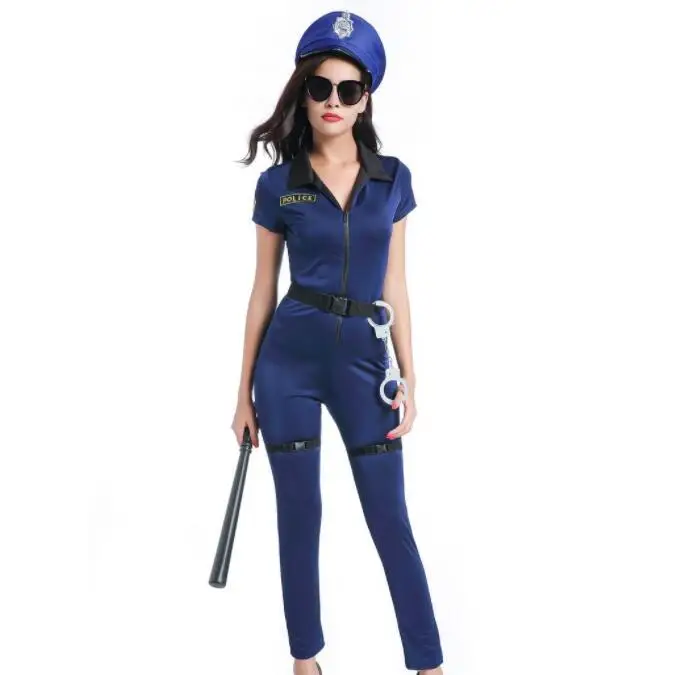 

1 Set Sexy Blue Police Costumes Adult Women Halloween Cosplay Cop Police Jumpsuits Uniform Hat Handcuffs