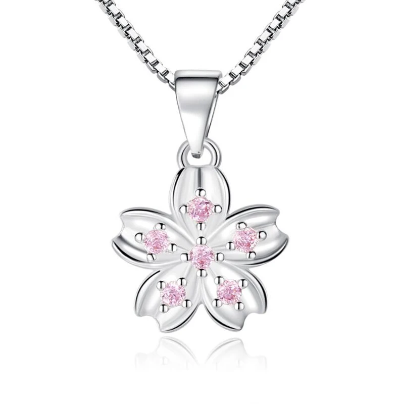 KOFSAC New Fashion 925 Sterling Silver Necklaces For Women Sweet Cute Spring Pink Zircon Cherry Flower Pendant Jewelry Girl Gift