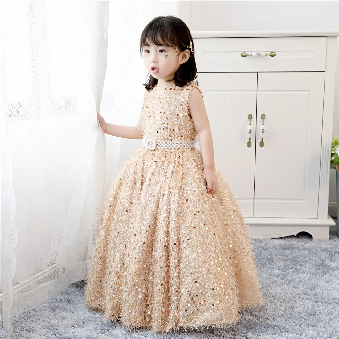 Golden Sequin Baby Girl Baptism Dress Toddler Girl Christening Gown Infant Kids Party Dresses for Little Girls 1 Year Birthday