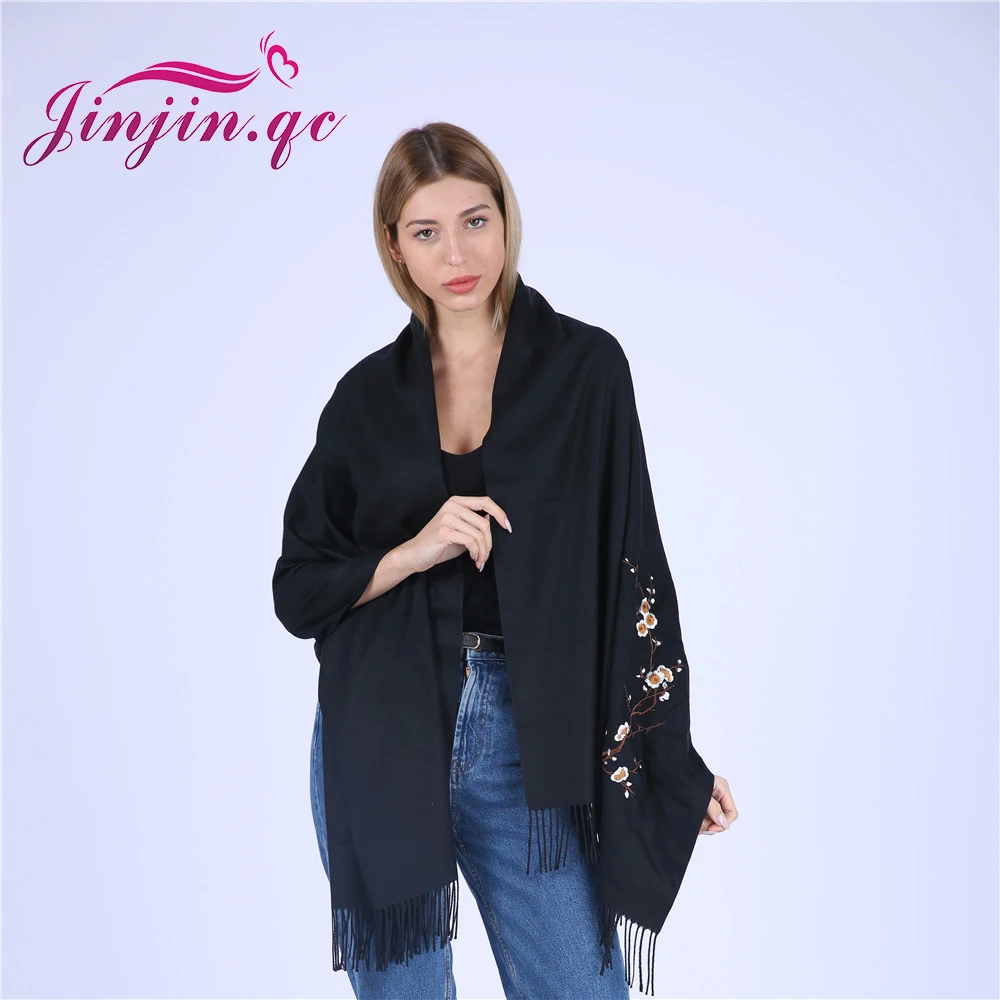 Jinjin.QC Plum Blossom Embroidered Scarf For Women Thick Scarves and Shawls Winter Very Beautiful Feminine Scarf with Flowers