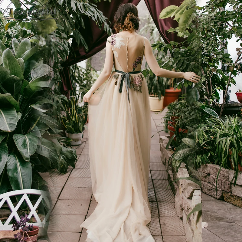 Vestidos De novia De tul champán Apliques De encaje una línea vestidos De novia romántico único bohemio Vestido De Noivas DW126