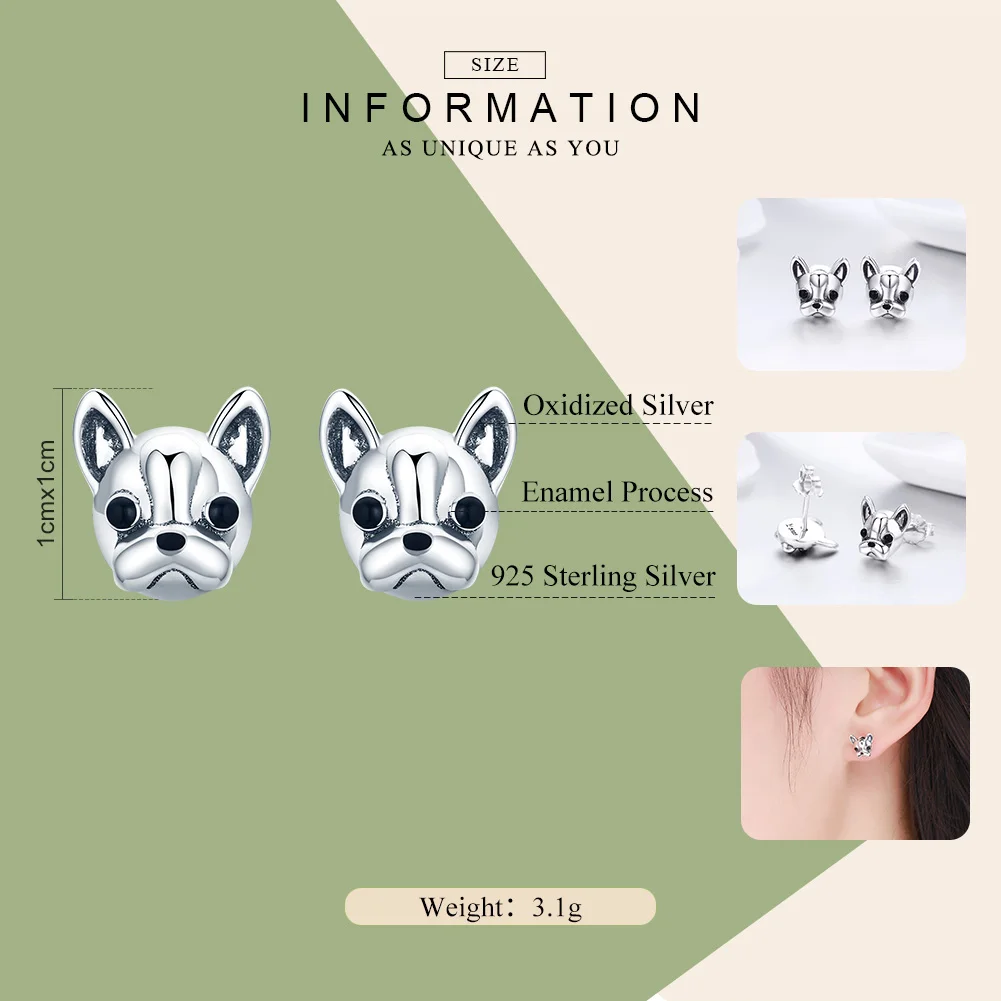 BAMOER 100% 925 Sterling Silver Loyal Partners French Bulldog Dog Animal Small Stud Earrings for Women Oorbellen Jewelry SCE283