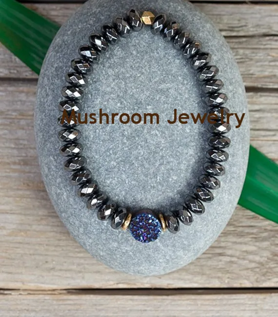 Bohemia Faceted Roundel Hematite Stone Bracelet Blue Druzy Bracelets Women