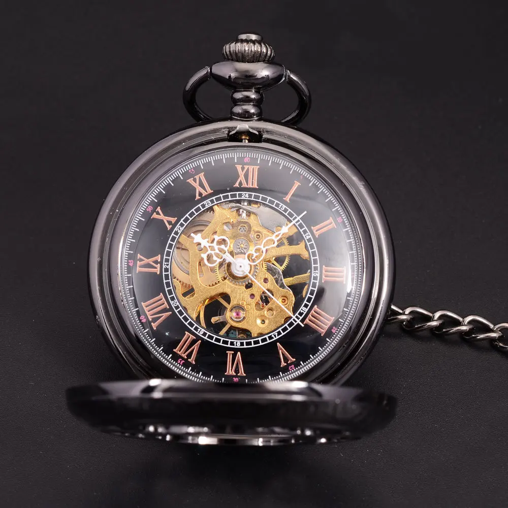 Steampunk szkielet Dial czarny przypadku mężczyzna Relogio De Bolso Retro cyframi rzymskimi łańcuch zegar mężczyźni mechaniczna ręka wiatr zegarek kieszonkowy