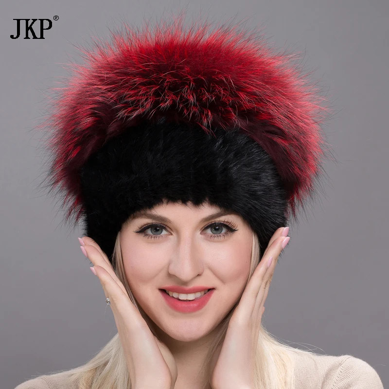 

2024 Autumn and Winter Women Fur Hat Winter Real Mink Fur Big Silver Fox Fur Pom-poms Hat New Hot Stretch Cap DXJ17-21