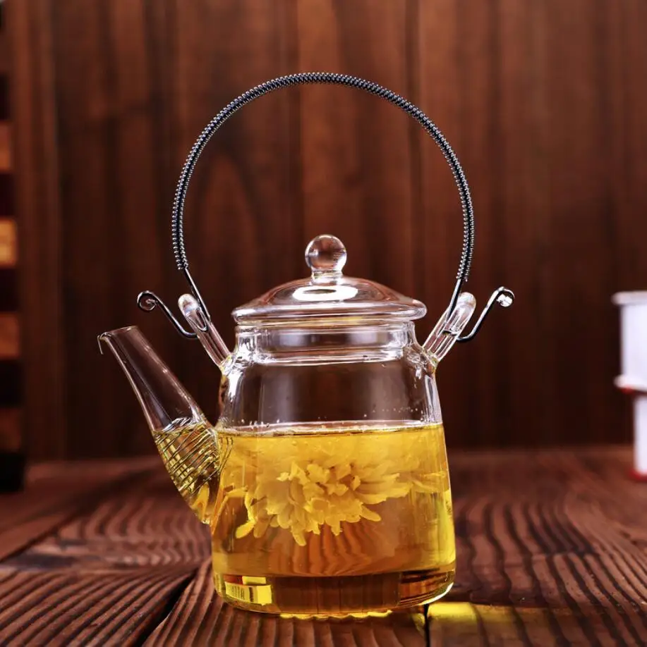 Glass loop-handled teapot use for flower tea,300ml lifting handle teapot with infuser glass pots with stainless steel filter