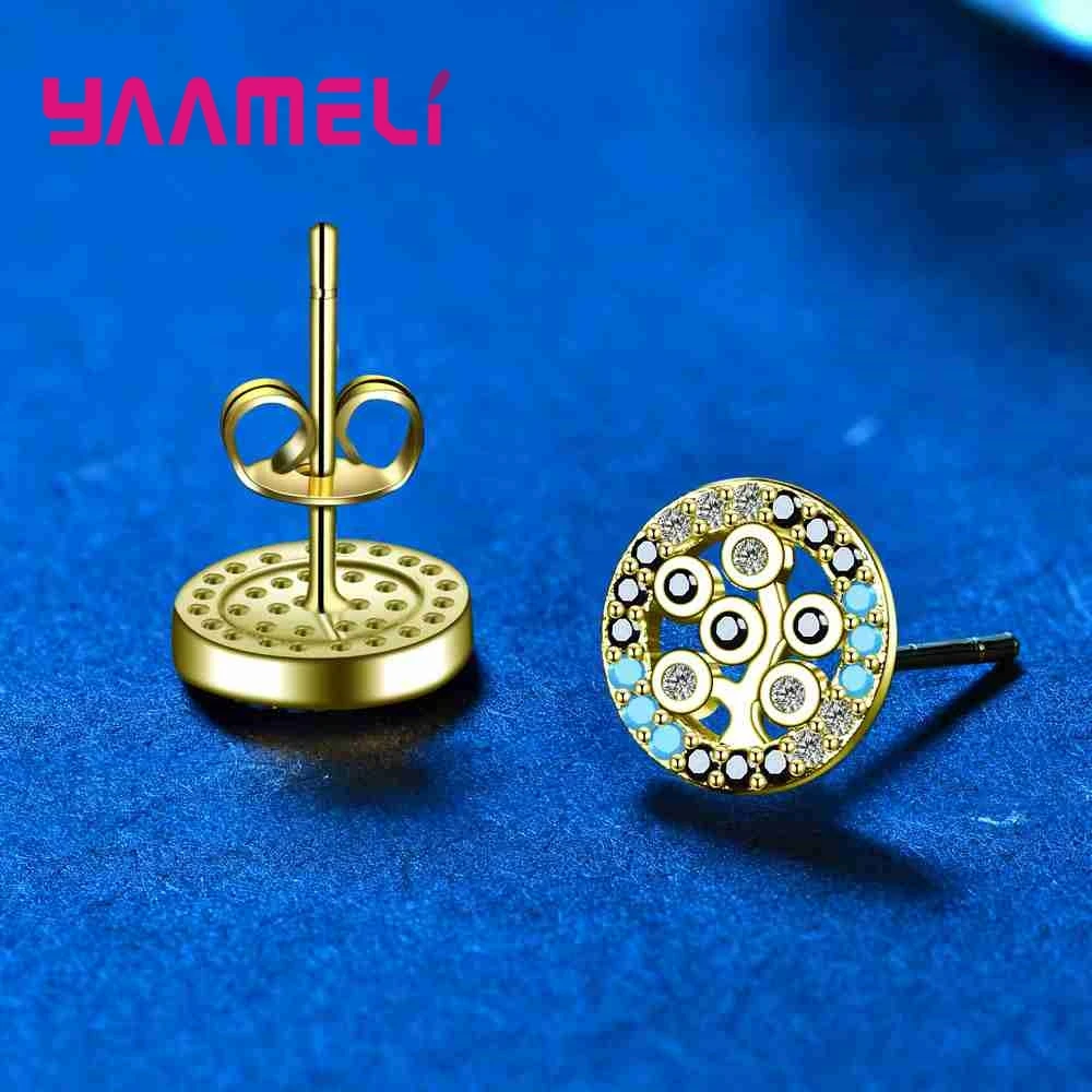 New Korea Style Round Stud Earrings For Women 925 Sterling Silver Color Shiny Crystals Full Paved Round Stud Earrings