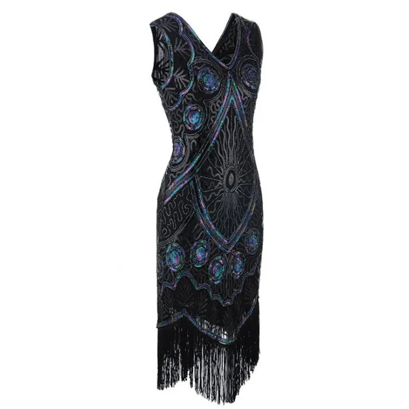 2021 Women Sequined Dress V Neck Beaded Sequined Art Deco Flapper Dress 1920s Vintage Party Dresses Sexy Great Gatsby Dress