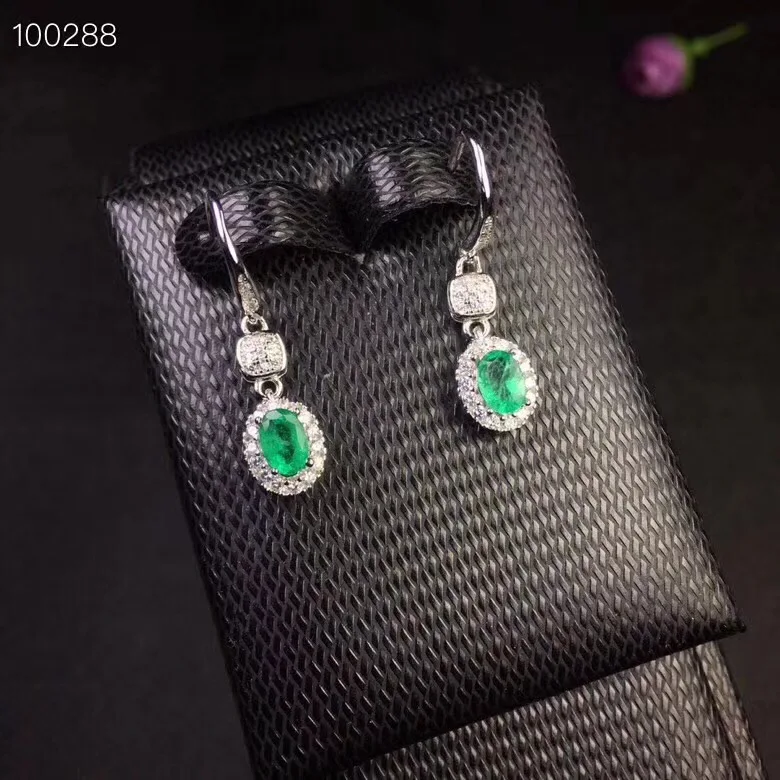 Emerald earring Free shipping Natural real emerald 925 sterling silver earrings  4*6mm 2pcs