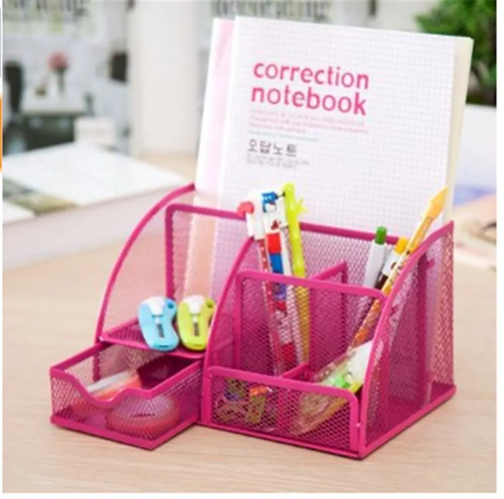 Hot Pink Office Supplies Mesh Desk Organizer Desktop Pencil Holder Accessories Caddy with Drawer, 7 Compartments