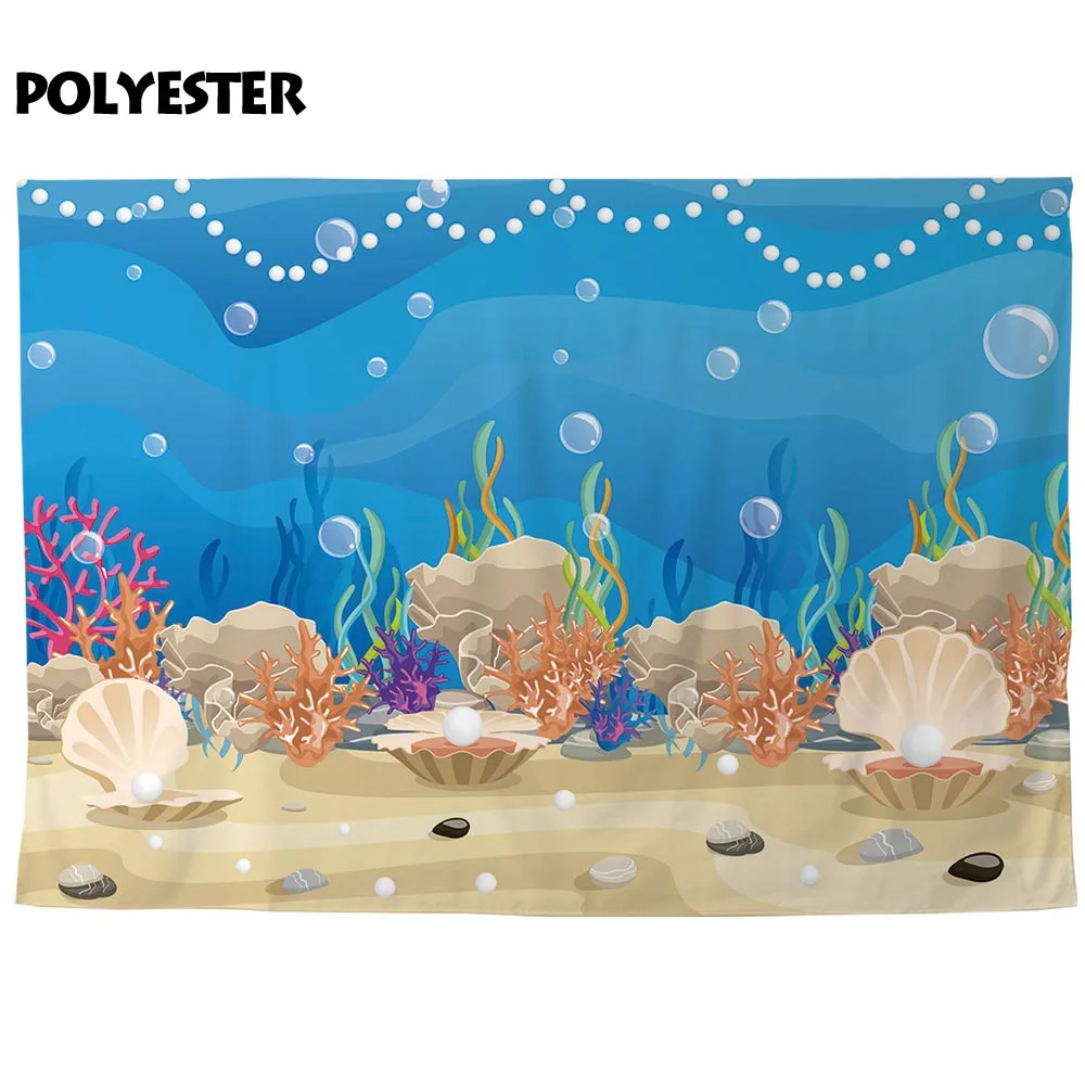 Allenjoy-Fondo de fiesta de cumpleaños de sirena de dibujos animados, Fondo de verano, Concha submarina, perla, agua, hierba, niño, fotografía de fondo para sesión fotográfica