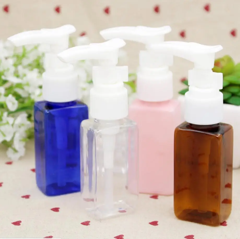 200pcs/lot 1 OZ Sample Refillable Bottle 30ml Lotion Long Beak Press Pump Square PET Bottle Wholesale