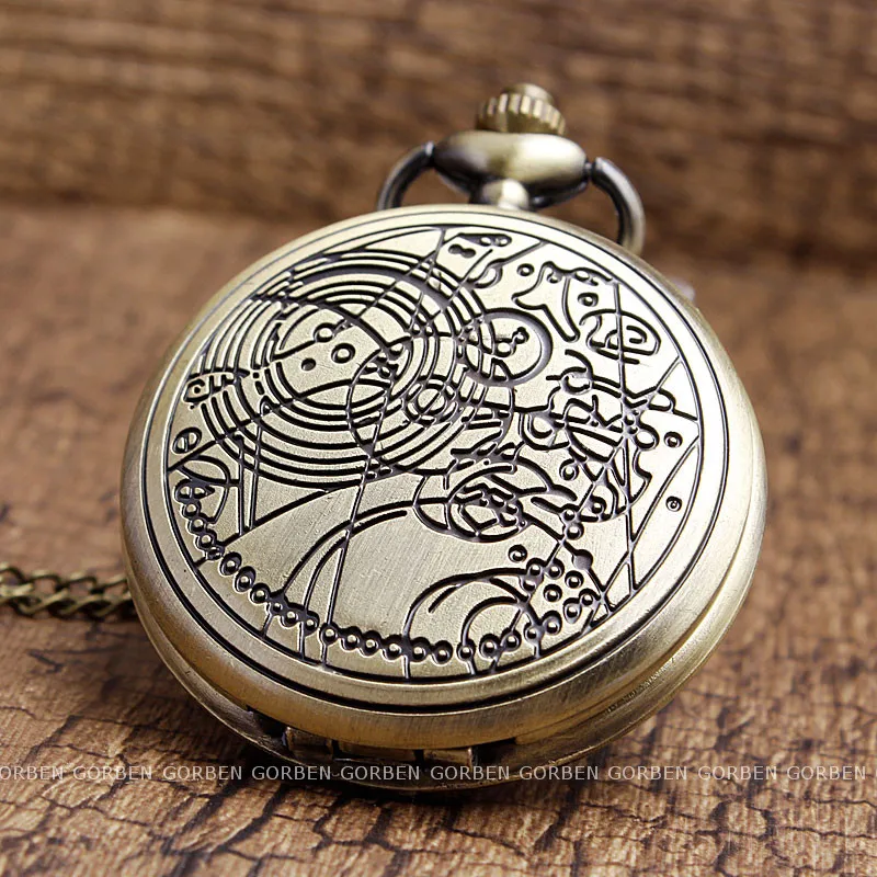 Vintage Bronze Theme Pocket Watch Necklace Watch With Symbols Pendant Women Mens' Gift